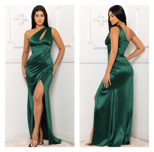 Open image in slideshow, Huntergreen One Shoulder Floor Length Evening Maxi Gown
