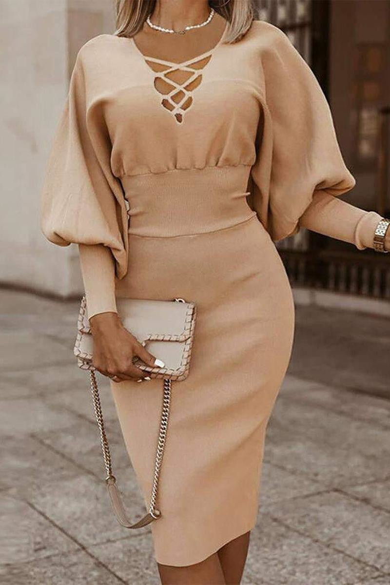 Cream Tone Mid Length Sweater Dress